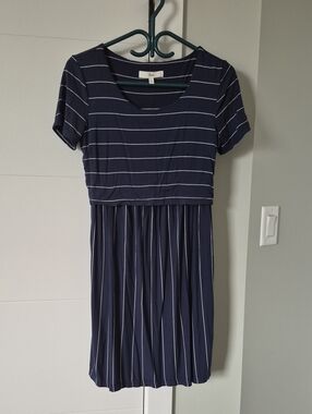 Ripe Navy and White Striped Short Sleeve Pleated Mini Dress Small
